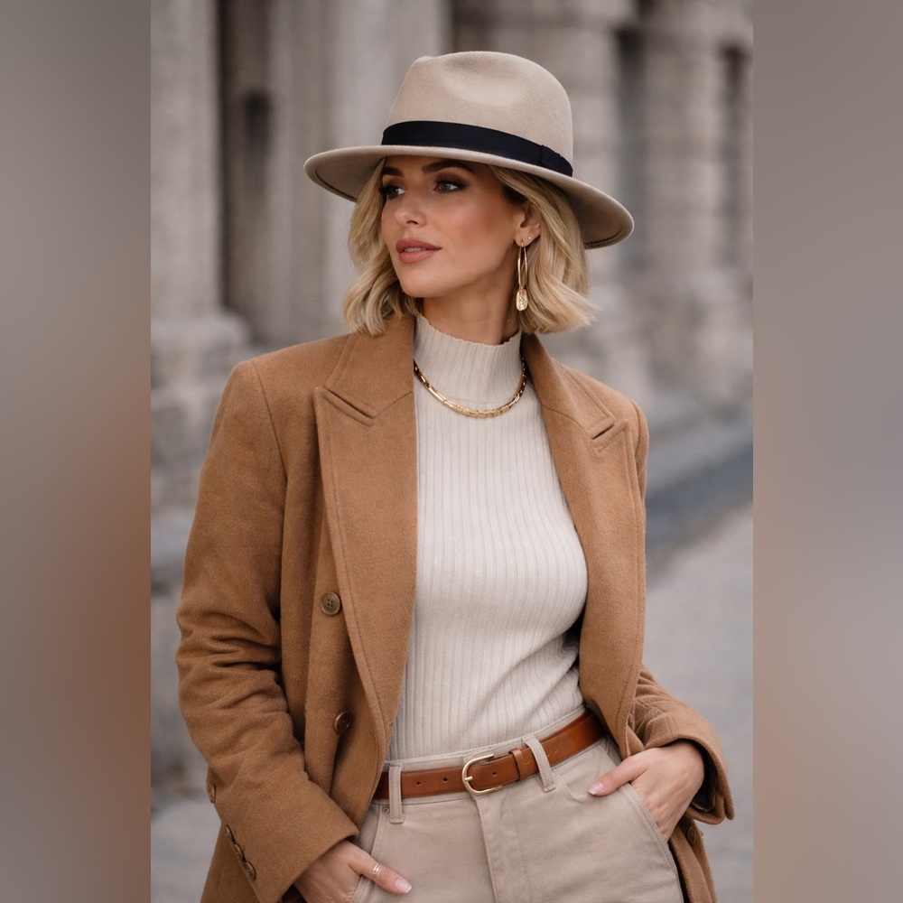 HAT ATTACK Tan Wool Fedora with Black Ribbon Detail